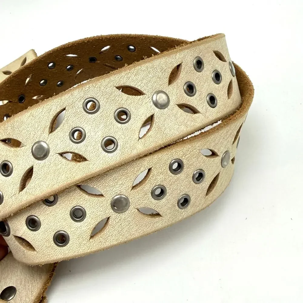 Fossil Boho Belt L 38 Studded Cream Leather Pinwheel Cut Outs Western Hippie Y2K